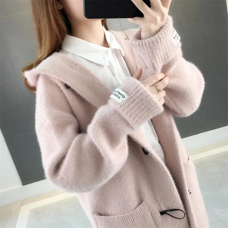 Розовый Autumn new imitation water jacket jacket female long section horn buckle solid color long sleeve ladies sweater knit - Цвет: Розовый