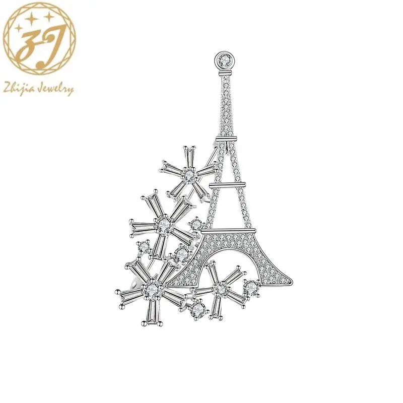 Броши Zhijia в виде романтической башни и цветка серебряного цвета булавки