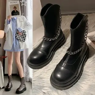 

Short Boots Women's Spring and Autumn New Chain Square Head Thick Heel Single Boots Spring and Autumn Niche Locomotive Style