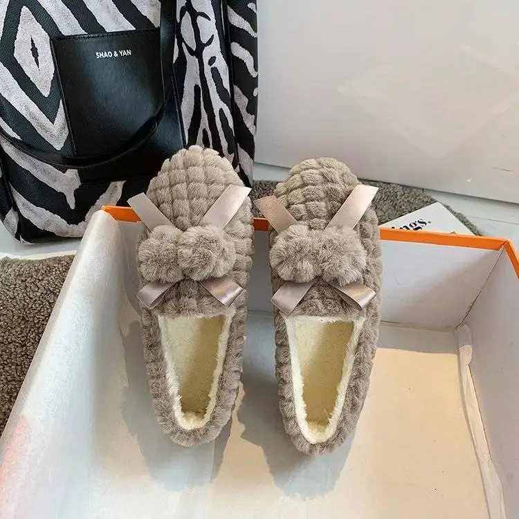 

Ins Hot 2021 Shoes Women Winter WarmFlat Shoes Casual Loafers Slip on Women's Flats Plush Shoes