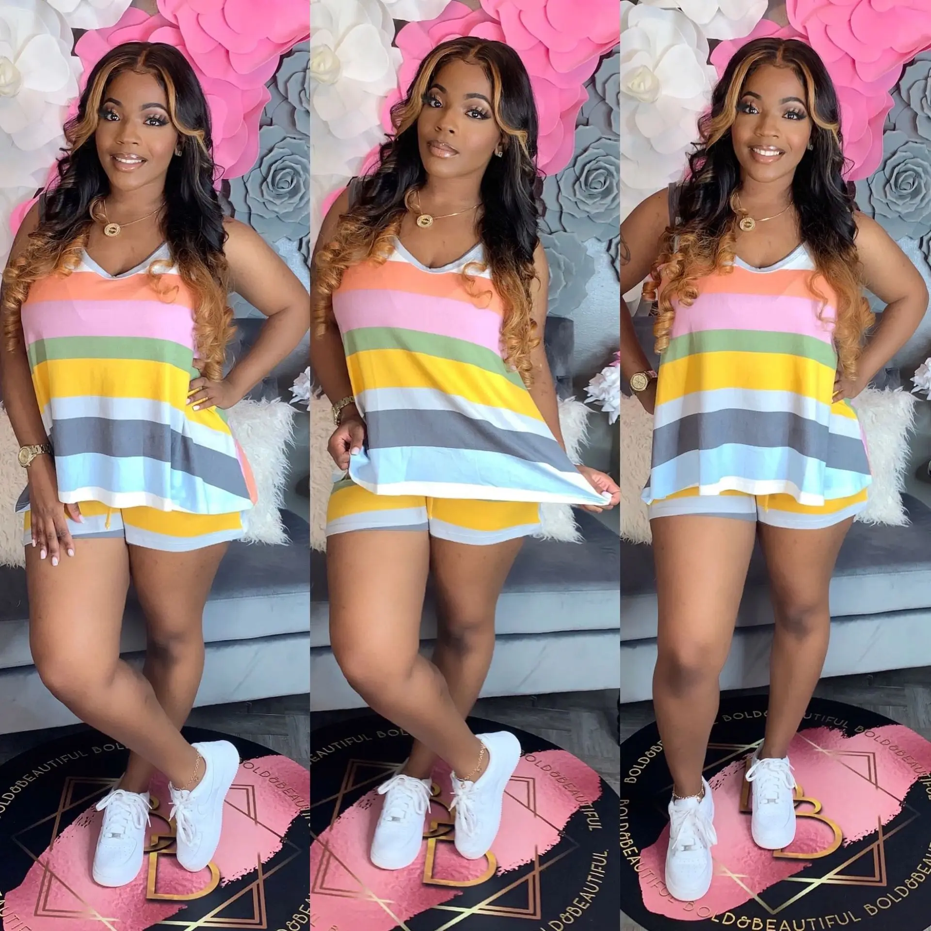 

Stripe Basic Tshirt Shorts Two Piece Set Women Casual Outfits lounge Wear Jogging Femme Biker Shorts Tees Summ