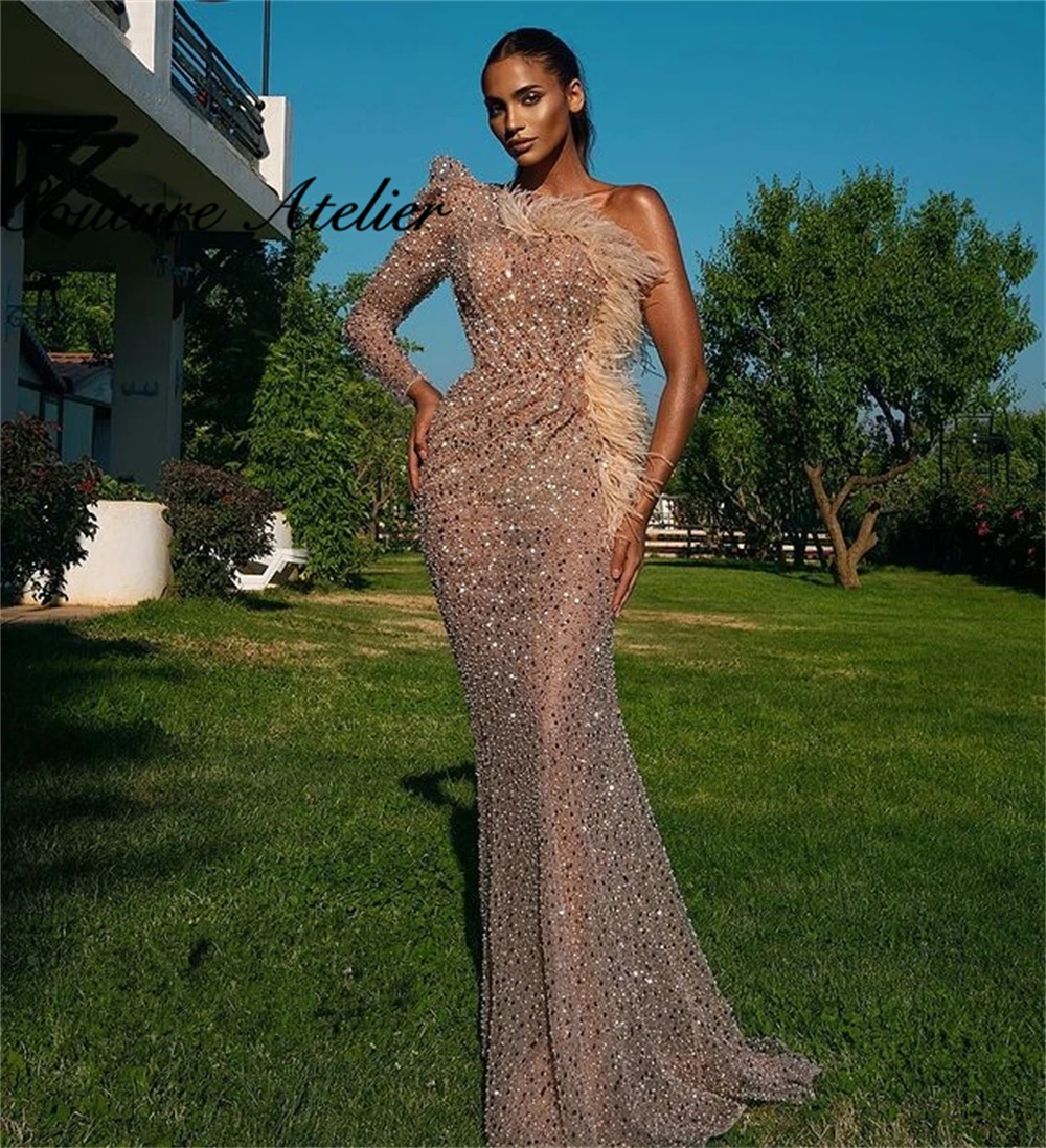 

Feathers Evening Dresses Long Luxury One Shoulder Birthday Dress For Women Mermaid Dinner Gowns robe de soirée femme