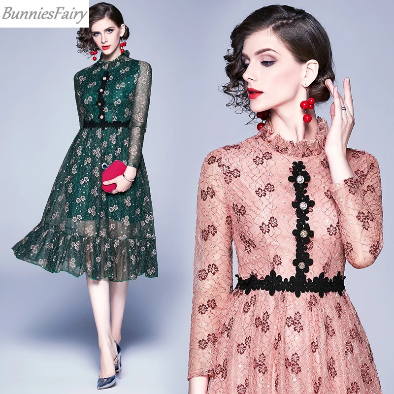 BunniesFairy 2019 осеннее женское винтажное элегантное кружевное платье с длинным