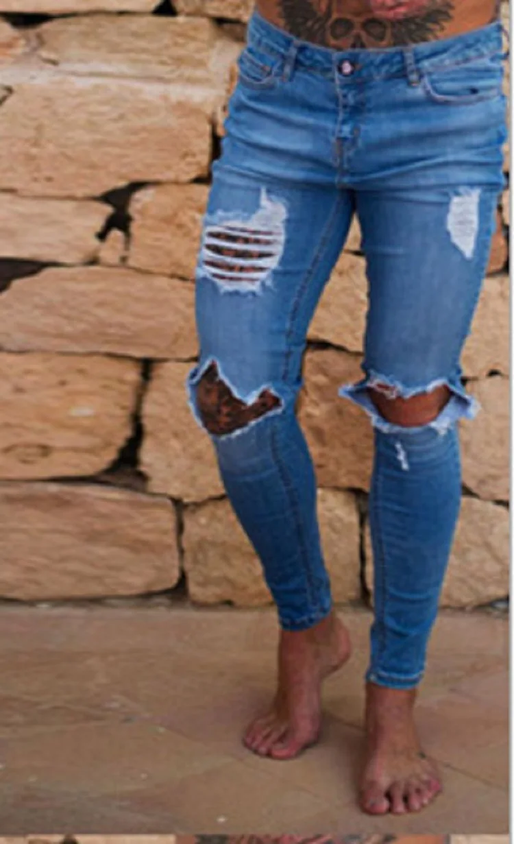 

Mens Denim Trousers Distressed Jeans Men Hole Slim Fit Justin Bieber Jeans Hombre Skinny Solid Color Four Colors Denim Pants