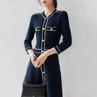 2021 new o neck little fragrant style full sleeves sweater dress for women ladies autumn and winter clothes with buttons