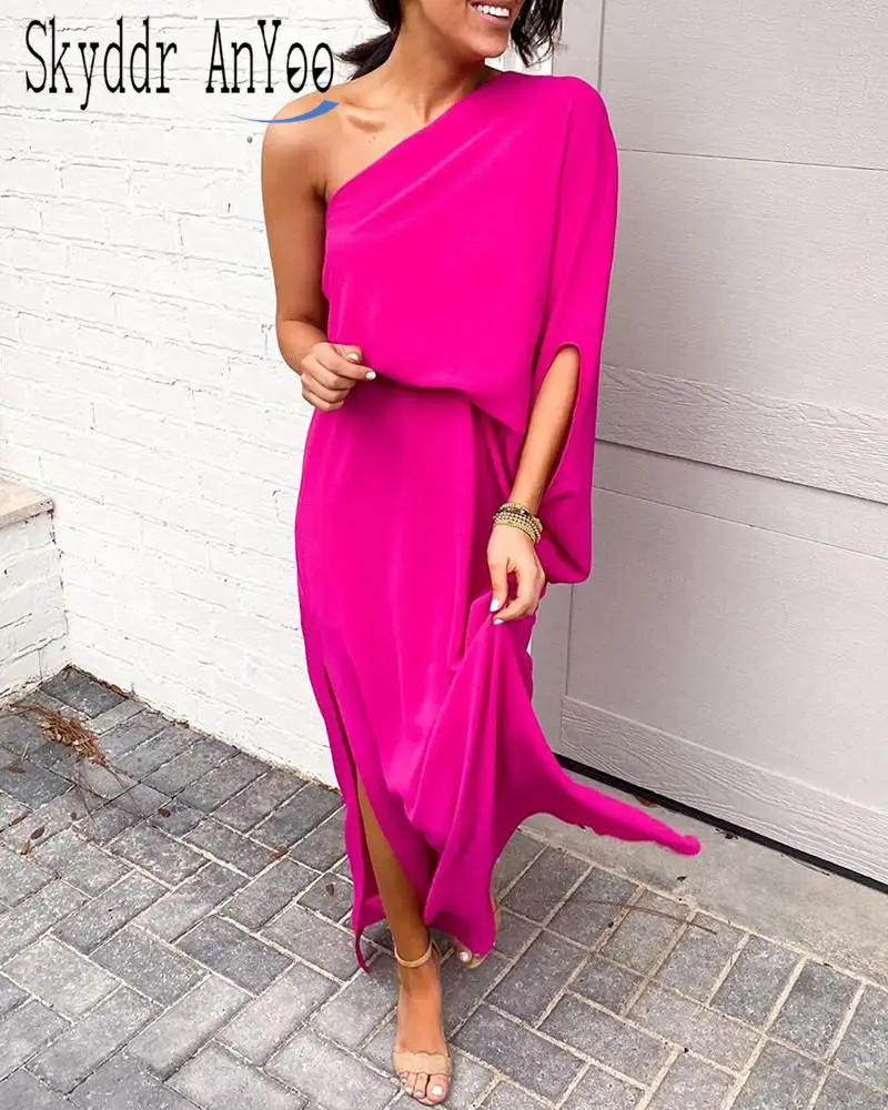

One Shoulder Summer Women Maxi Long Dresses Red Black Elegant Ladies Party Dress Plus Size Loose Casual 2020 Woman Fashion Dress