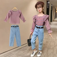 new girls boutique outfits autumn teen girls clothes children clothing plaid top jeans pants 2pcs teenager girls clothing sets