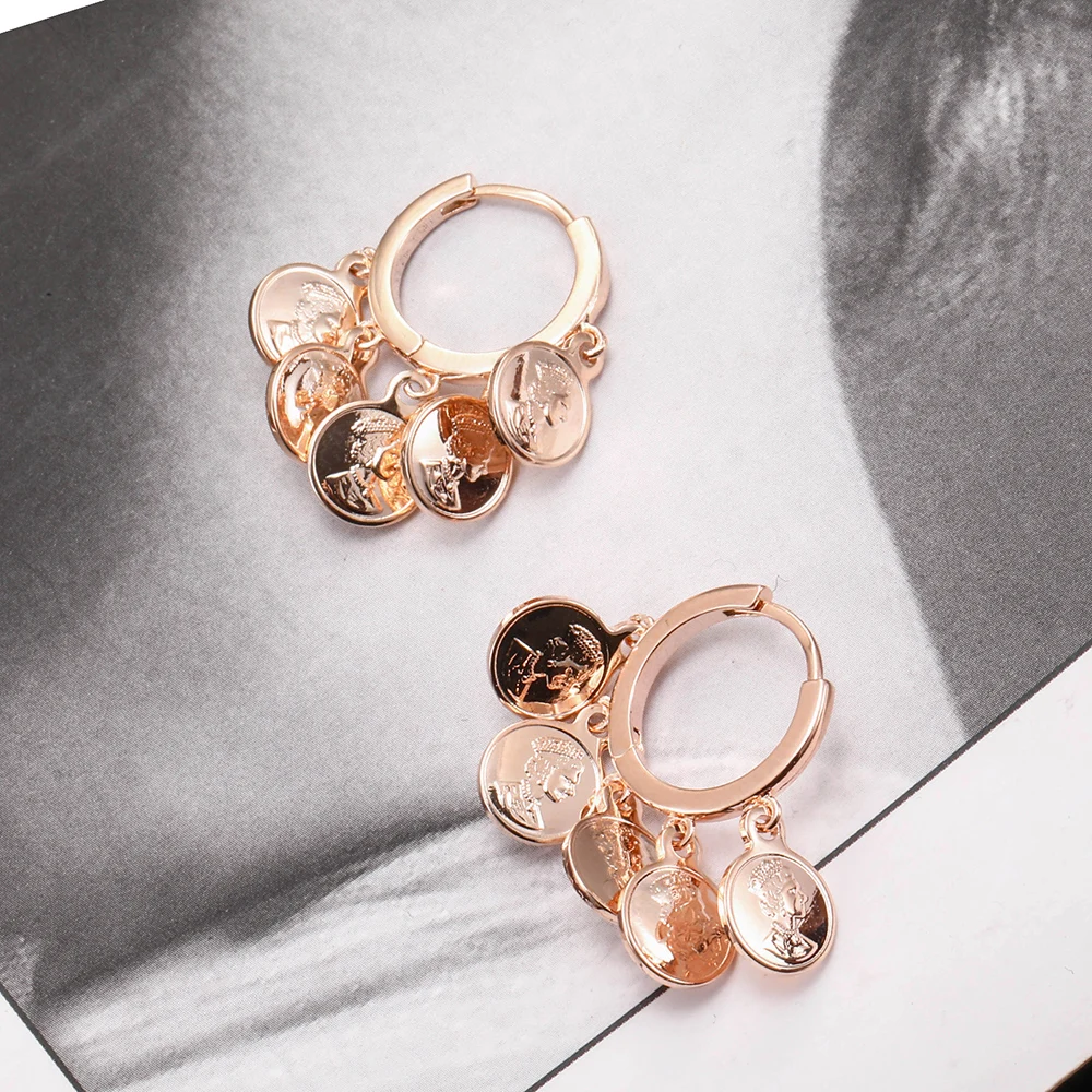 Trendy Queen Engraved Hoop Earrings For Women Rose Gold Stainless Steel Round Coin Drop Fashion Jewelry Accessories | Украшения и