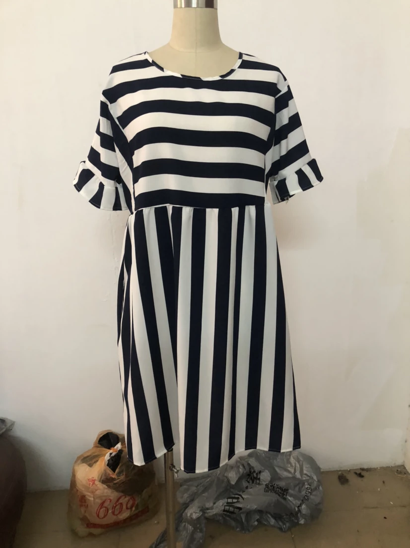 

Women Sexy Striped O Neck Pocket Dress Female Fashion Ruffled Stitching A-line Daily Beach Skirt Summer Ladies Loose Mini Dress