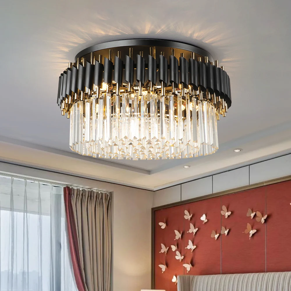Candelabro de cristal para sala de estar, accesorio de luz de cristal negro moderno, lámpara de decoración redonda para dormitorio, iluminación led de interior