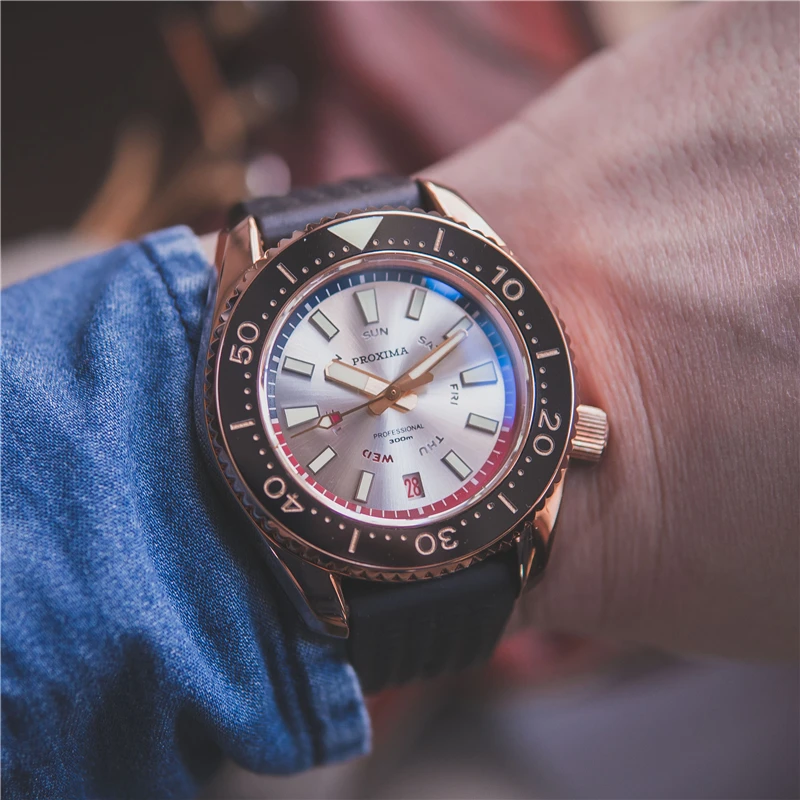 

Мужские наручные часы с белым циферблатом Proxima, бронзовые автоматические механические наручные часы с сапфировым стеклом, 300 м