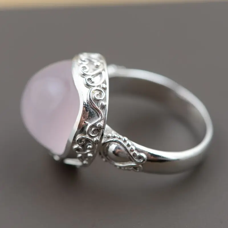 FNJ винтажное 100% S925 цельное тайское серебряное кварцевое кольцо с розовым камнем