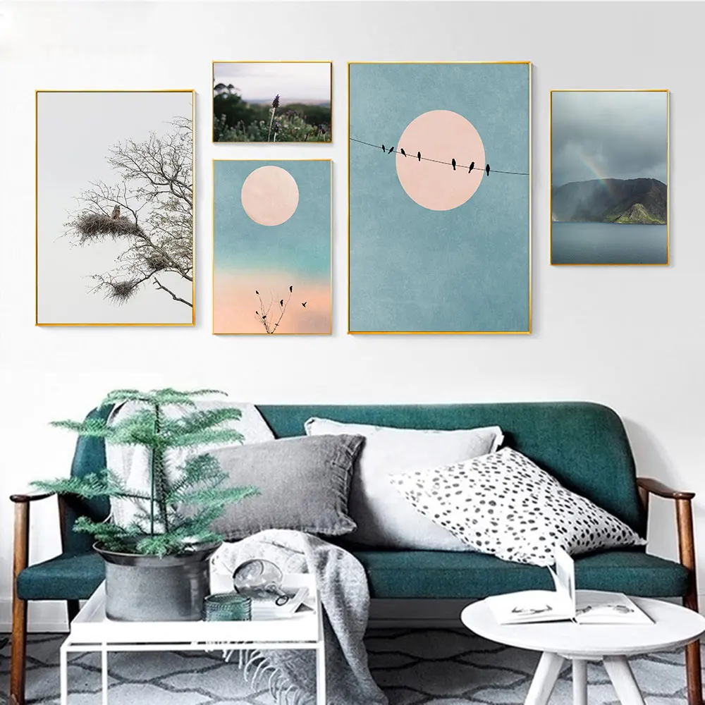 

Landscape Poster Mountain Canvas Painting Sun Flower Wall Art Print Tree Birds Picture For Living Room On The Wall Home Decor
