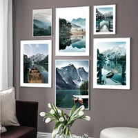 landscape mountain lake boat forest wall art canvas painting nordic posters and prints wall pictures for living home decoration