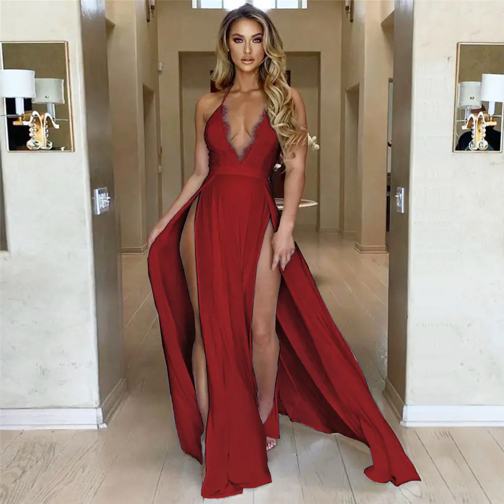 Сексуальное Красное длинное вечернее платье с высоким разрезом черно белое v