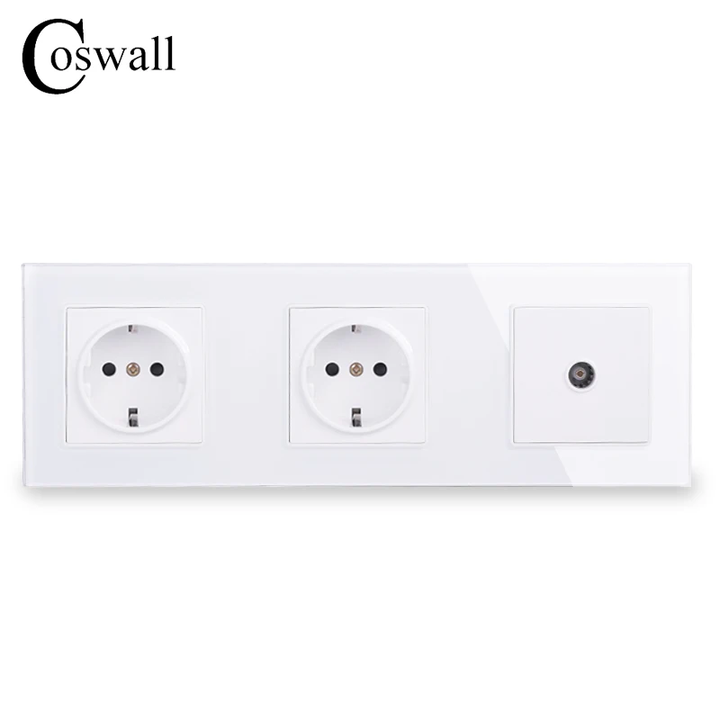 COSWALL настенная Хрустальная стеклянная панель двойная розетка питания с заземлением 16А электрическая розетка европейского стандарта с женским ТВ-разъемом