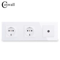 coswall wall crystal glass panel double power socket grounded 16a eu electrical outlet with female tv jack