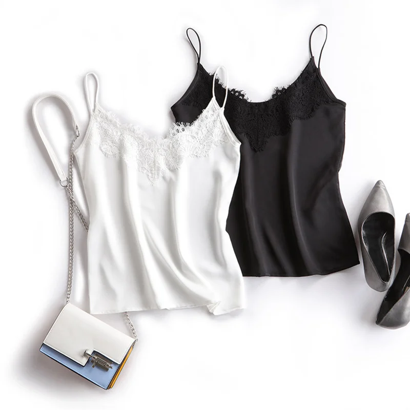 Женский топ на тонких бретельках черный с кружевами и шелком летние топы белые