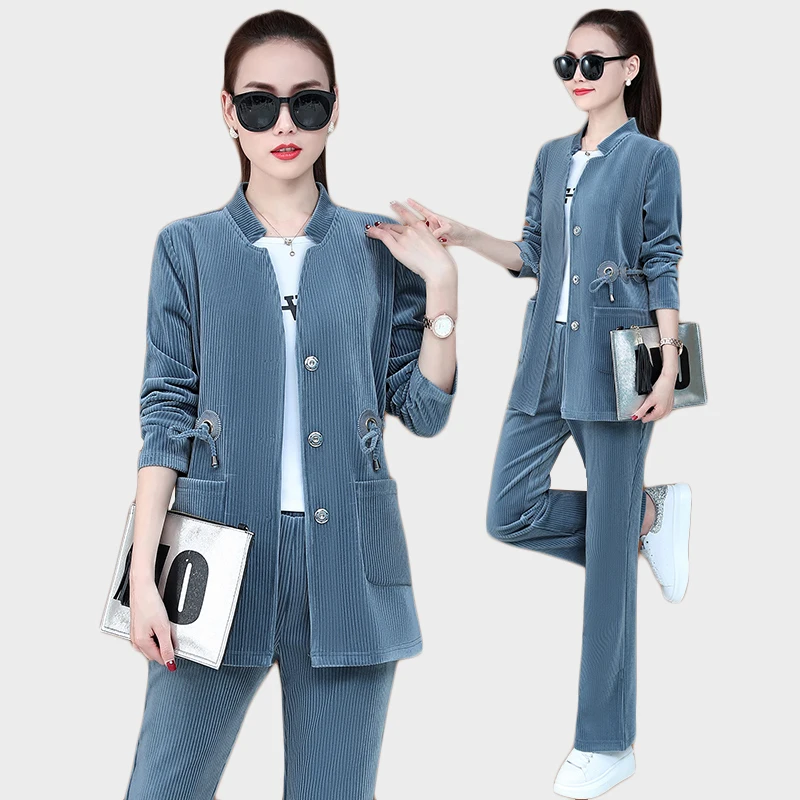 Haute couture Sporting suit female 3 piece set Women office clothing set Stylish clothes Corduroy Tracksuit Free shipping 220