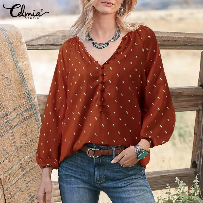 

Celmia Long Puff Sleeve Casual Blusas Loose Buttons Cute Shark Printed 2022 Fashion Blouses V Neck Women Spring Autumn Shirts