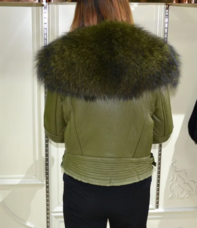 Luxury Genuine Real Large Raccoon Fur Collar Wool Lined Coat for Women Natural Sheepskin Leather Shearling Jackets Pink Green