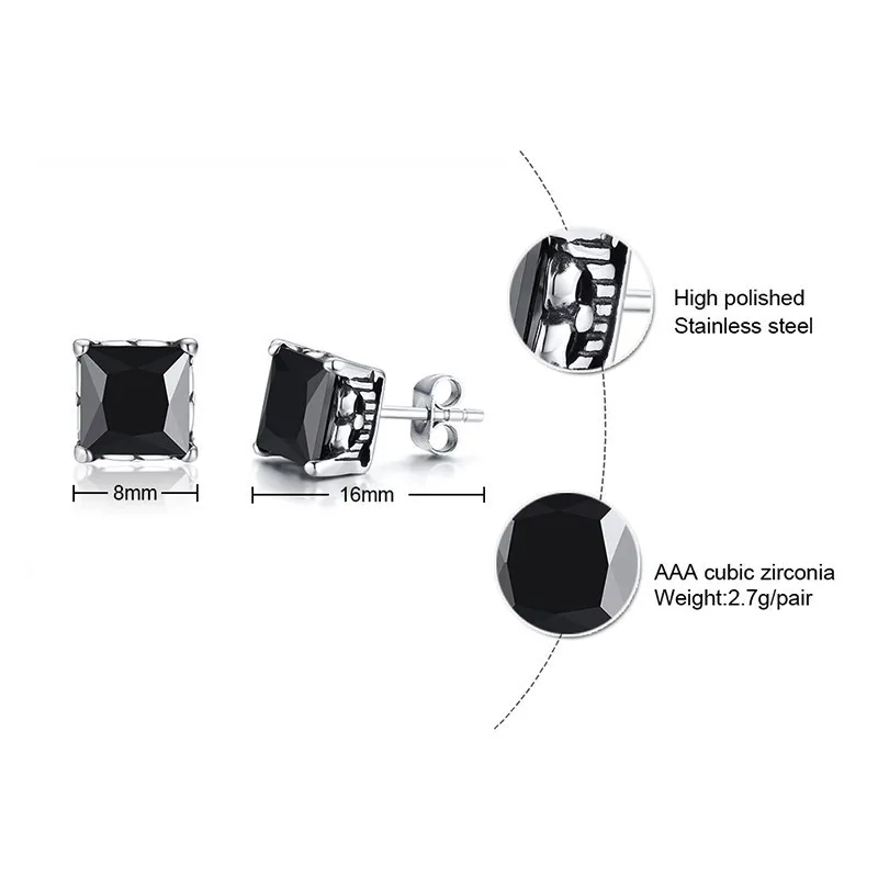 Мужские серьги-гвоздики из нержавеющей стали с черным фианитом | Украшения и