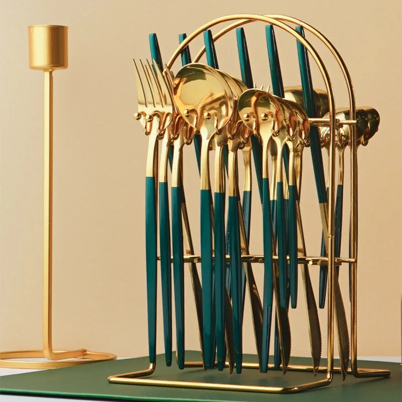

24Pcs Gold Tableware Set Stainless Steel Dinnerware Set Fork Spoon Knife Luxury Cutlery Set With Storage Rack Dishwasher Safe