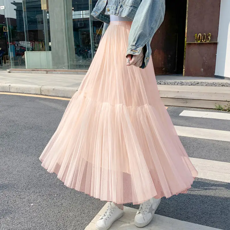 

Harajuku Mesh Pleated Skirts Womens Clothes Elegant Faldas Casual Solid Long Skirt Femme Streetwear High Waist Black Skirt Q3886
