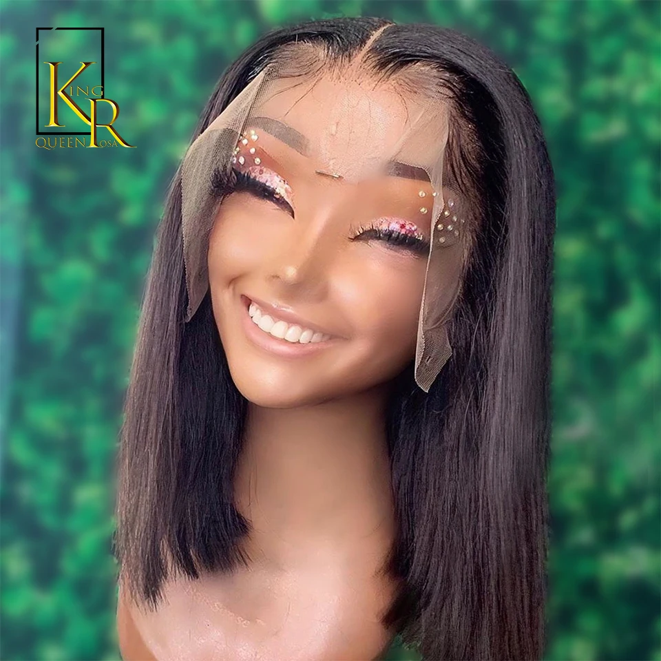 Короткий боб парик 13x4 150% плотность Синтетические волосы на кружеве человеческих