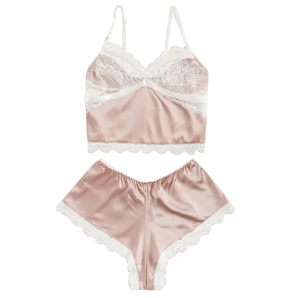 

Женские пижамные комплекты DUOBLA, летние Пижамные шорты, кружевные Шелковые Розовые сексуальные пижамы с v-образным вырезом, нижнее белье, ноч...