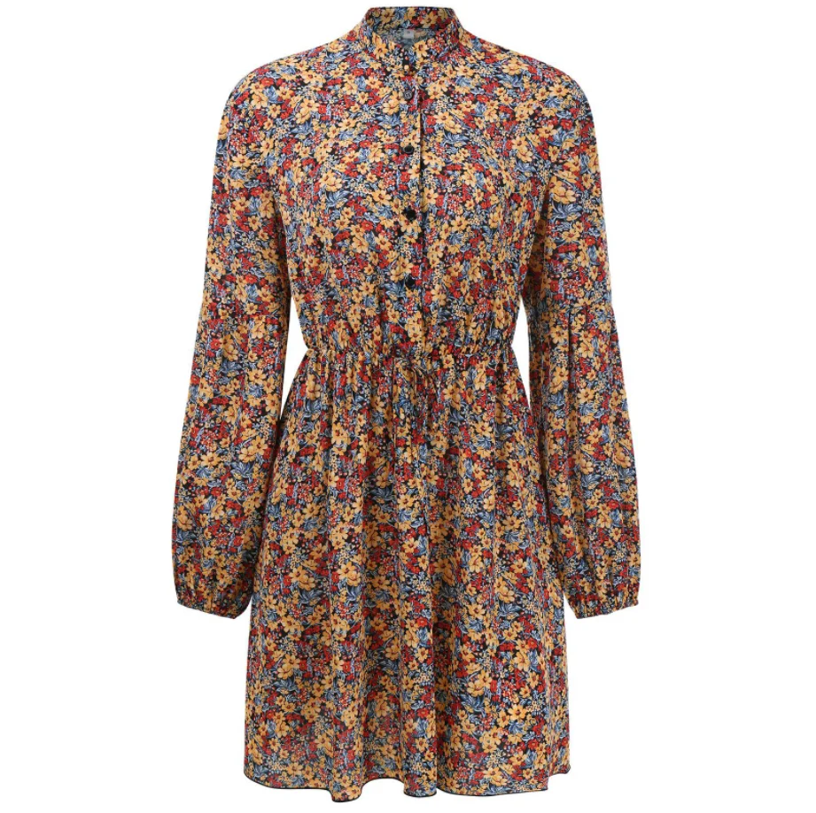 

2021 Autumn Winter Women Dress V neck Chiffon high Waist flower printing Elegant Female Dresses red white coffee