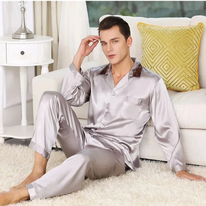 Spring  Men's Pajama Set Imitation Silk Men Pajamas For Male Cozy Soft Sleepwear Man Pyjamas Suit Nightgown Lounge Home Clothes