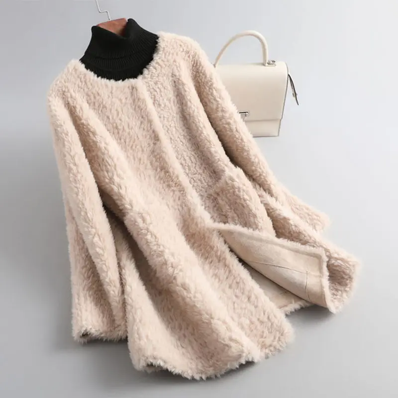 

High Quality Women Winter Clothes Real Lamb Fur Coat Female Warm Natural Sheep Shearling Jacket Round Neck Wool Outerwear X705