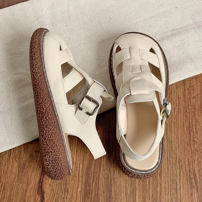 

Simple Solid Color Retro Hollow Thick-Soled Ladies Sandals Summer Roman College Wind Casual Sandals Soft Soles And Comfortable.