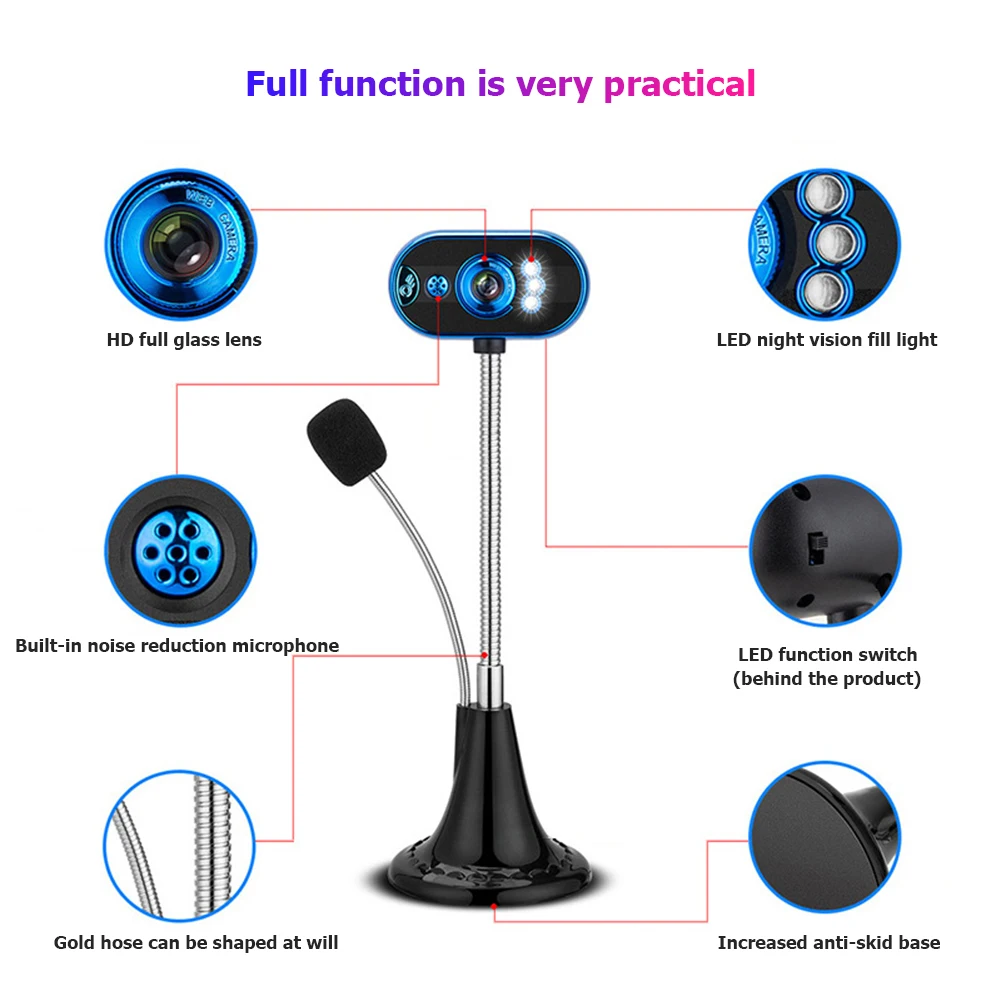 

Goose Neck HD Webcam with Microphone 4LED USB Driver Free Web Camera for PC
