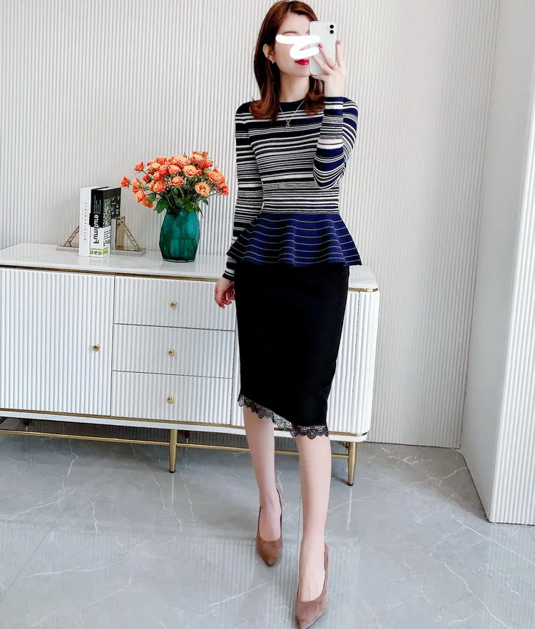 Slim Fit Design ! Color Block Striped  Elegant  Kintted Jumper Sweater 2021 Spring/Autumn Collectitons