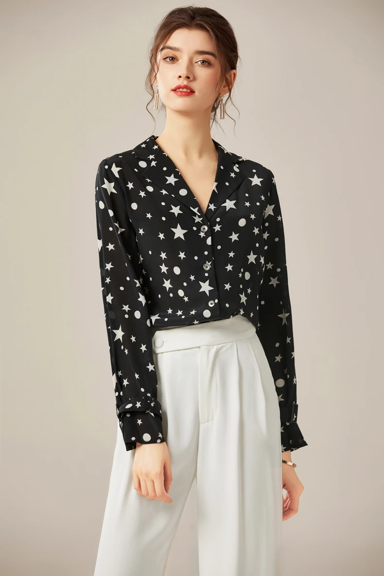 

100% Silk Women's Shirt Notched Collar Long Sleeves Stars Printed Fashion Elegant Autumn Blouse Tops