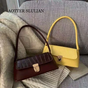 crocodile pattern women underarm bag vintage design buckles candy color chain pu leather small shoulder bag fashion lady handbag free global shipping