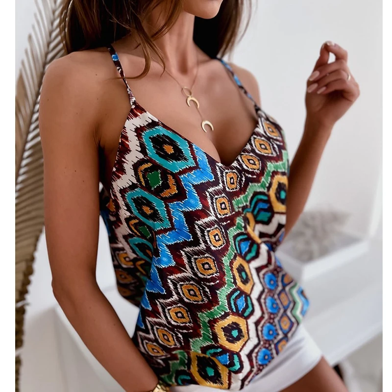 

Mandylandy V-neck Loose Low Cut Casual Camis Tops Clubwear Sleeveless Sling Printed Vest Camis Sexy Women Tank Tops