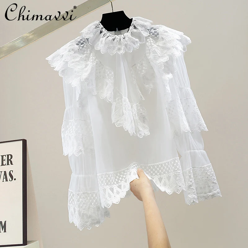 

Fashion Crocheted Hollow Lace Shirt 2021 Autumn Ruffled Patchwork Flared Sleeves Organza Top Loose Slightly Transparent Blouse