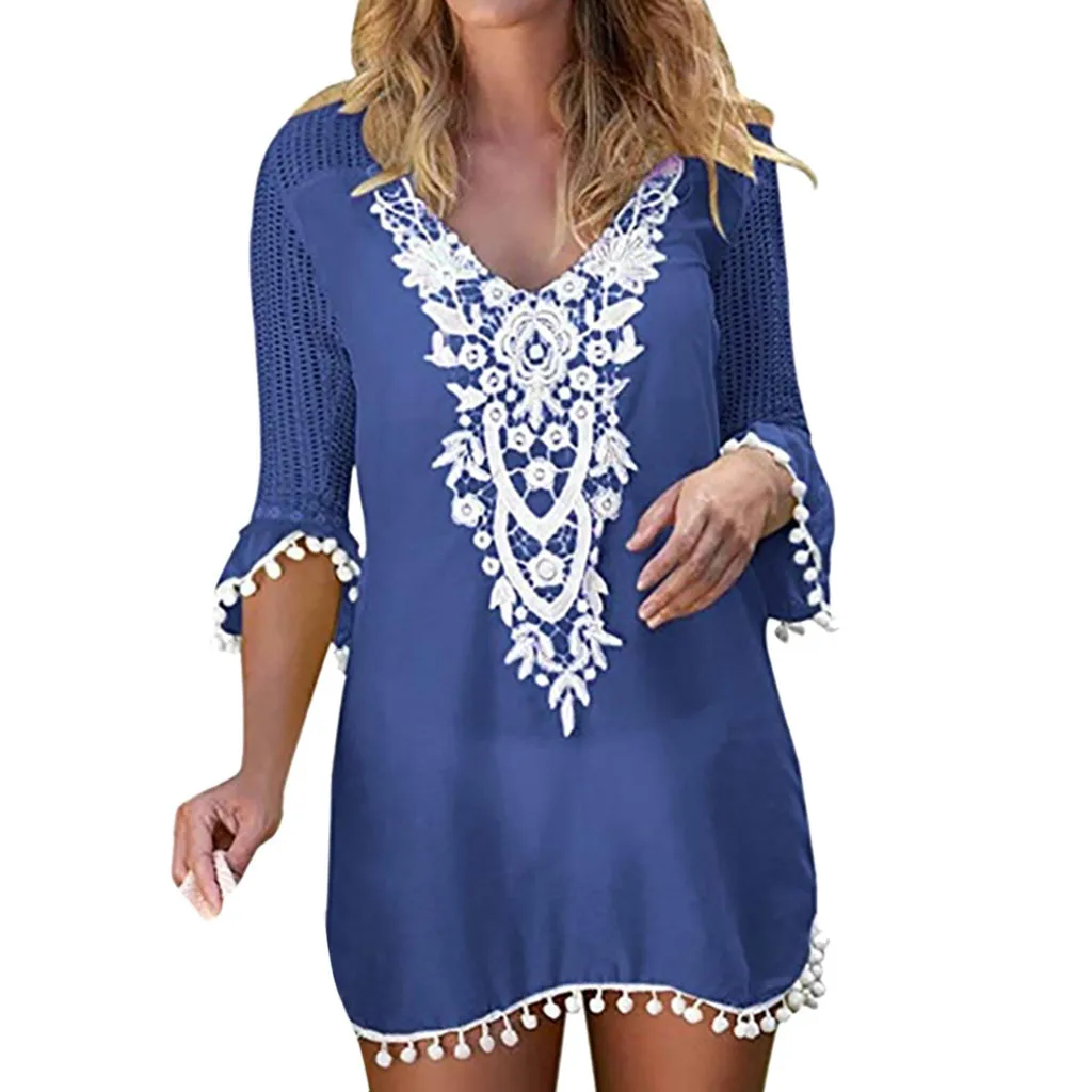 swimwear woman one piece dress Women Pom Trim Tassel Lace Crochet Swimwear Beach Cover Up Brazilian dropshipping | Женская одежда