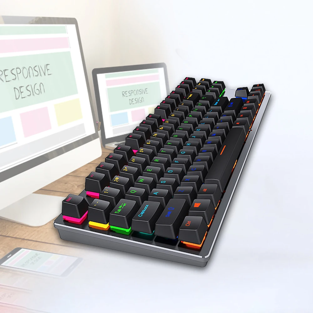 wired mechanical keyboard 87 keys blue switch color backlight gaming keyboards laptop for tablet desktop russian sticker free global shipping