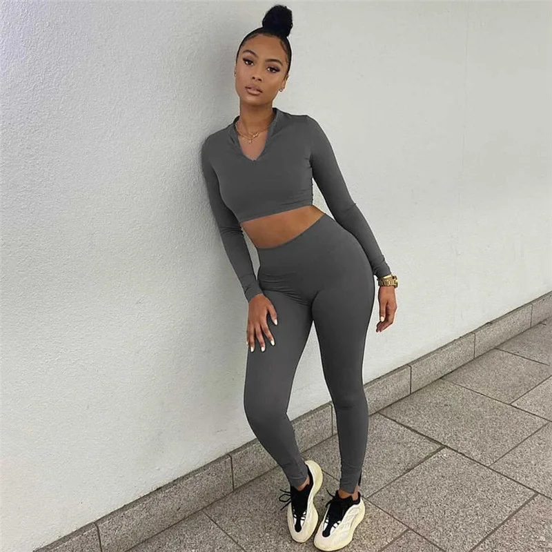 

Sport Fitness Solid Tracksuit Women Casual Zipper V Neck Long Sleeve Crop Top + Leggings Two Piece Set Jogging Femme Clothes