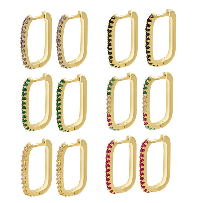 

Hoop Earrings Women CZ Rainbow Jewelry Gold Silver Color Geometric Rectangle Hoops Earing Aretes Black Square Trendy Unusual