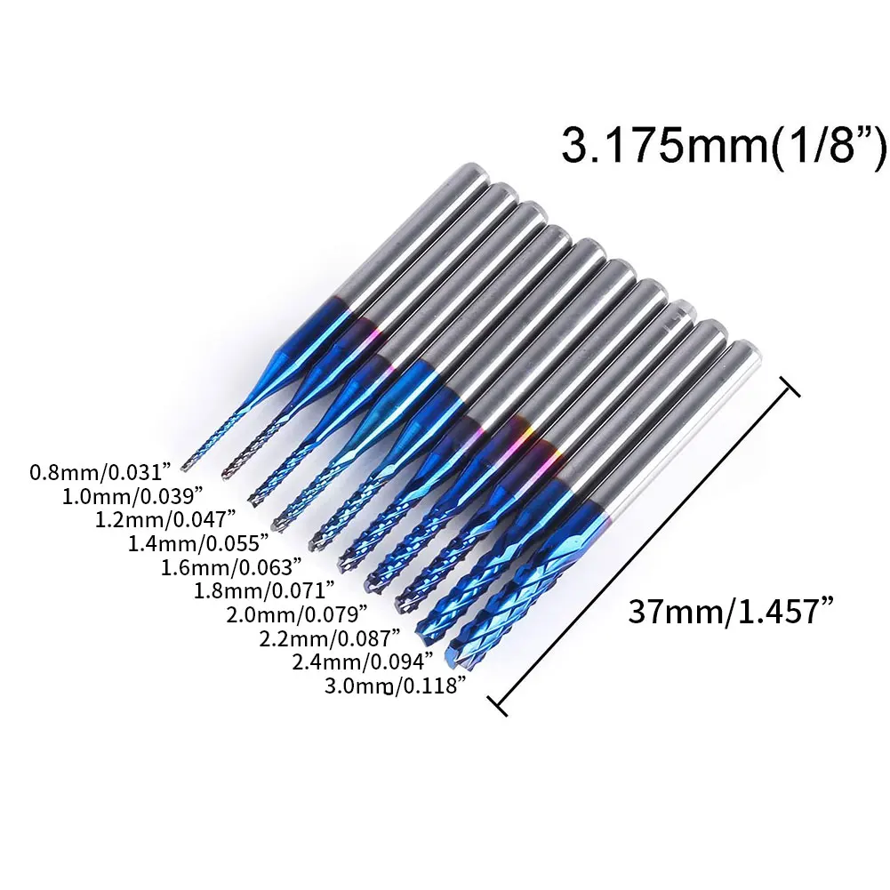 

10PCS Carbide End Mill Nano PCB Blue Coat Tungsten Steel Router Bits Double Flute Tools For Engraving Mould CNC Maching Endmills