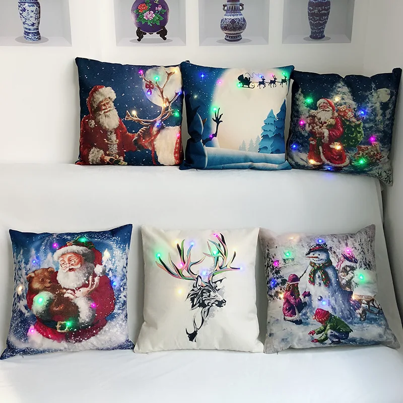 

LED Light Christmas Elk Santa Cushion Cover 45*45cm Cotton Linen Pillow Covers Home Decor Sofa Cushions Pillow Cases KD-0589