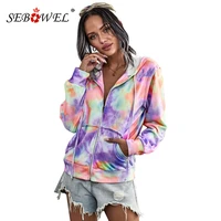 sebowel neon tie dye print pocket zip up hoodie cardigan jackets for women long sleeve hooded top autumn spring outerwear coats