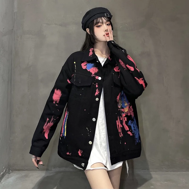 

Женская джинсовая куртка TBBMMHAN, однобортная куртка с лацканами и длинным рукавом, с граффити, большие размеры, весна 2021