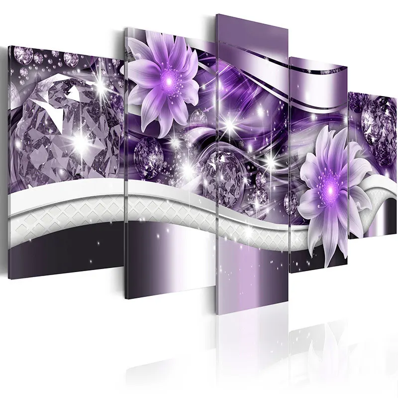 

Modern Painting Canvas 5 Panels Beautiful Elegant Flower Wall Art Print Floral Exquisite Diamond Background Living Room Decor