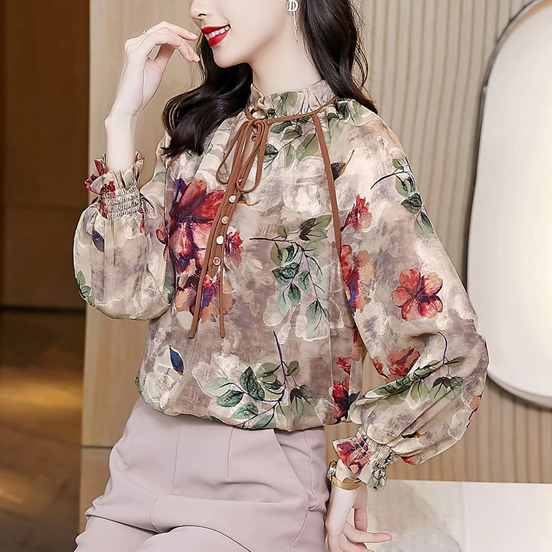 

Блузка Женская Осенняя офисная с длинным рукавом и цветочным принтом, 2021